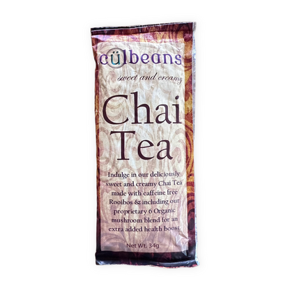 Caffeine free sweet and creamy chai tea with 6 mushroom blend