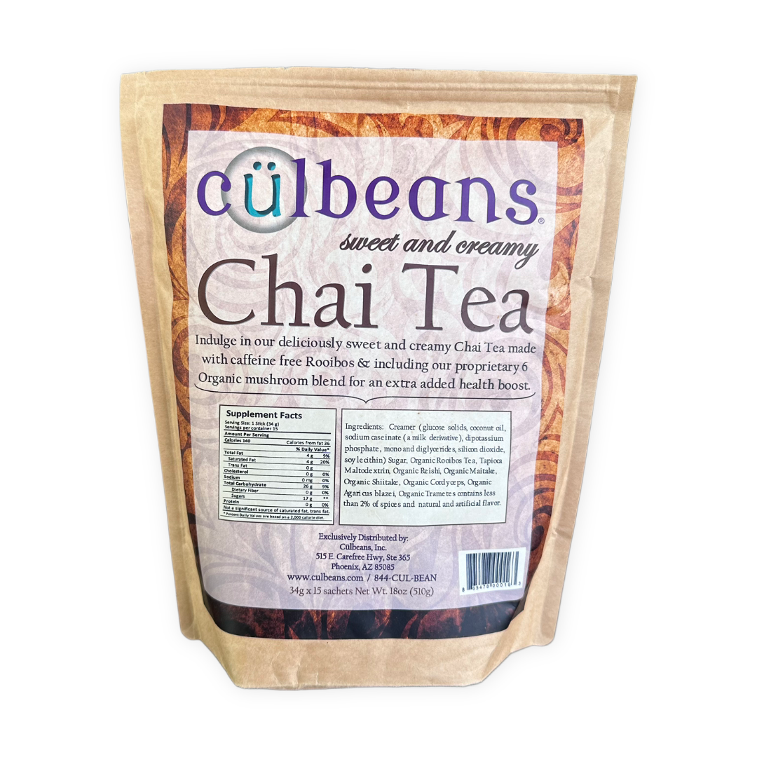 Caffeine free sweet and creamy chai tea with 6 mushroom blend